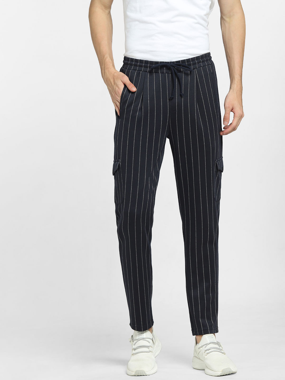 Men Black Striped Cotton Stretch Slim Fit Formal Trouser